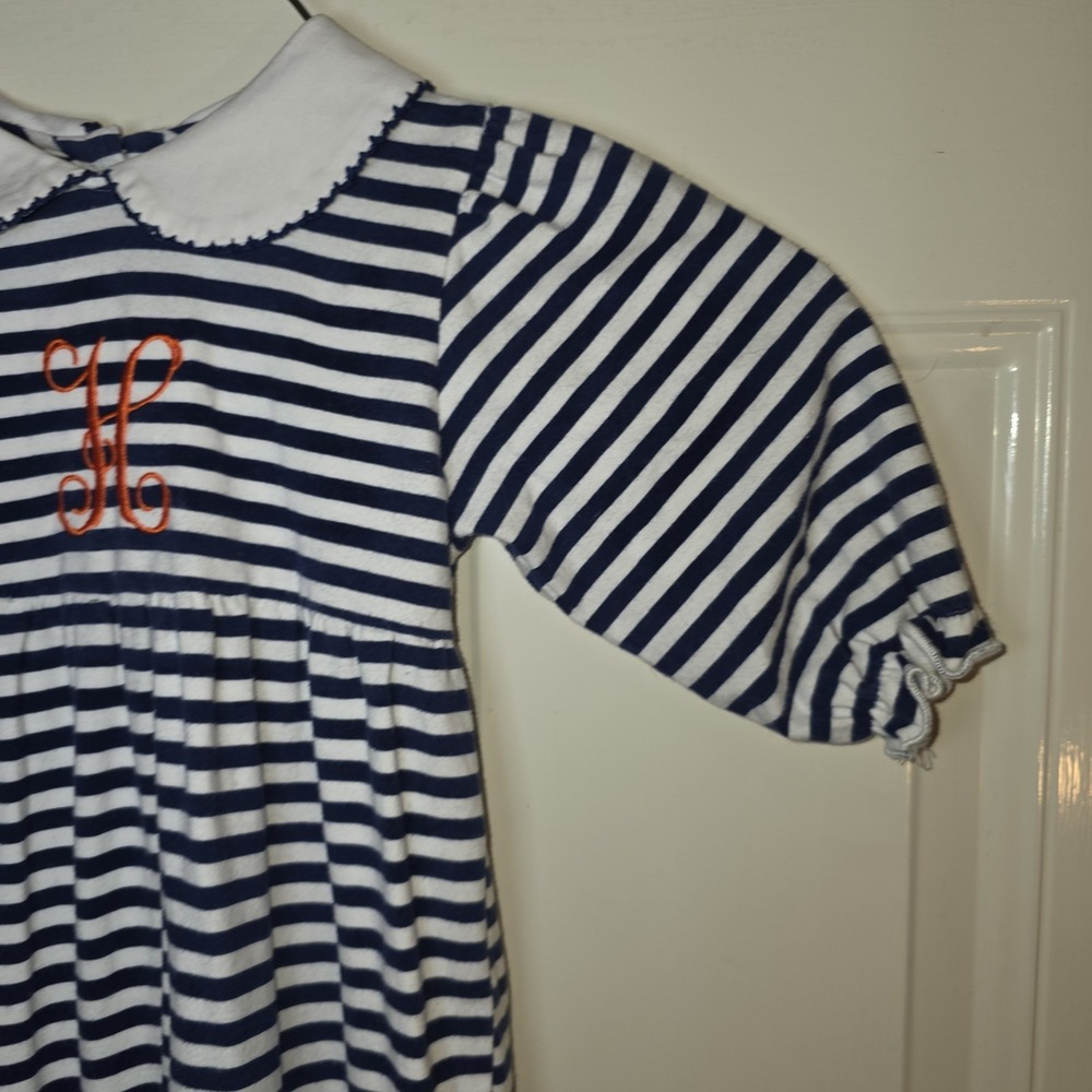 Emma Blake Smocks Size 9 Mo Blue & White Striped Romper, Orange Embroidered "H" - Picture 8 of 10